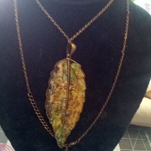 Gold and Green Leaf Necklace with Textured Pendant